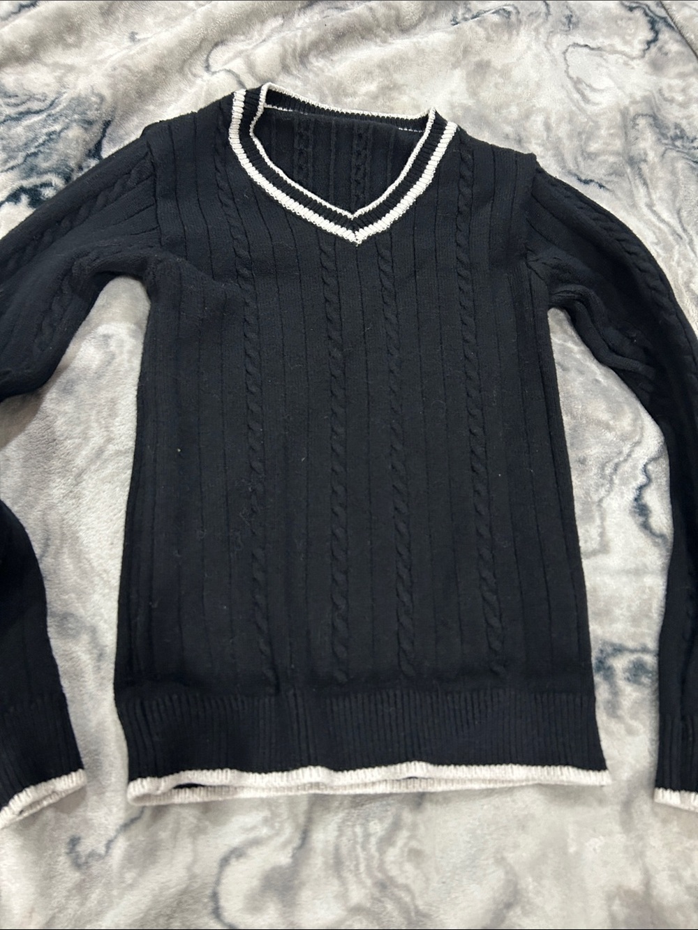 SHEIN Black V-Neck Cable Knit Sweater with White Trim